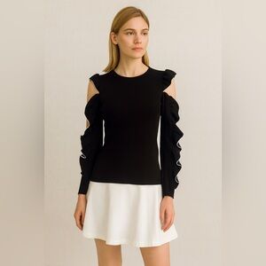 Maje off the shoulder black white trim long sleeve top size 2
